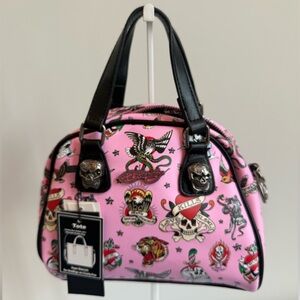Ed Hardy Pink Tattoo-Print Dome Tote with Black Handles